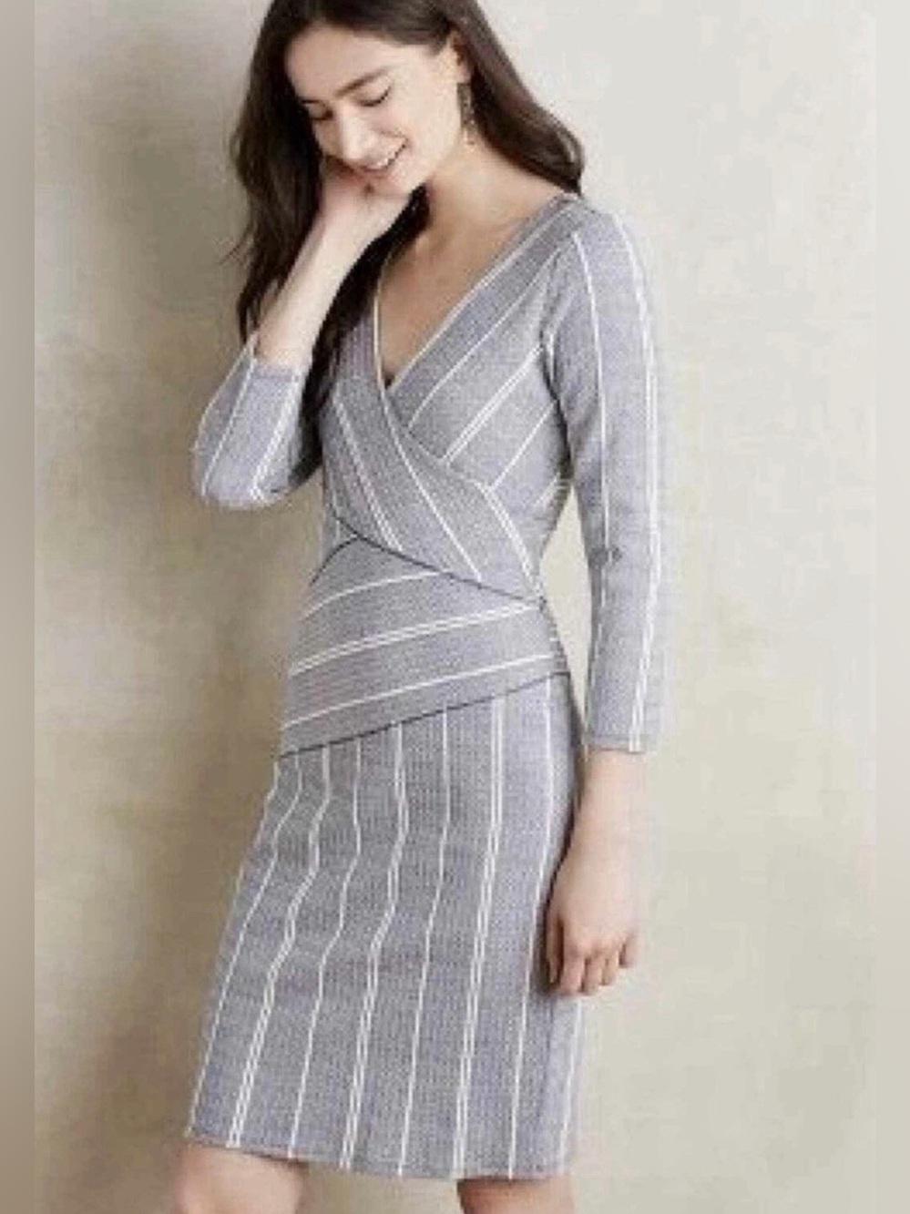 Maeve Gray Striped Wrap-Front Dress